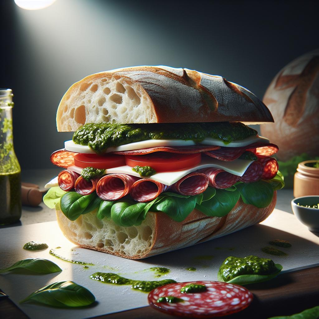 salami and pesto ciabatta sandwich