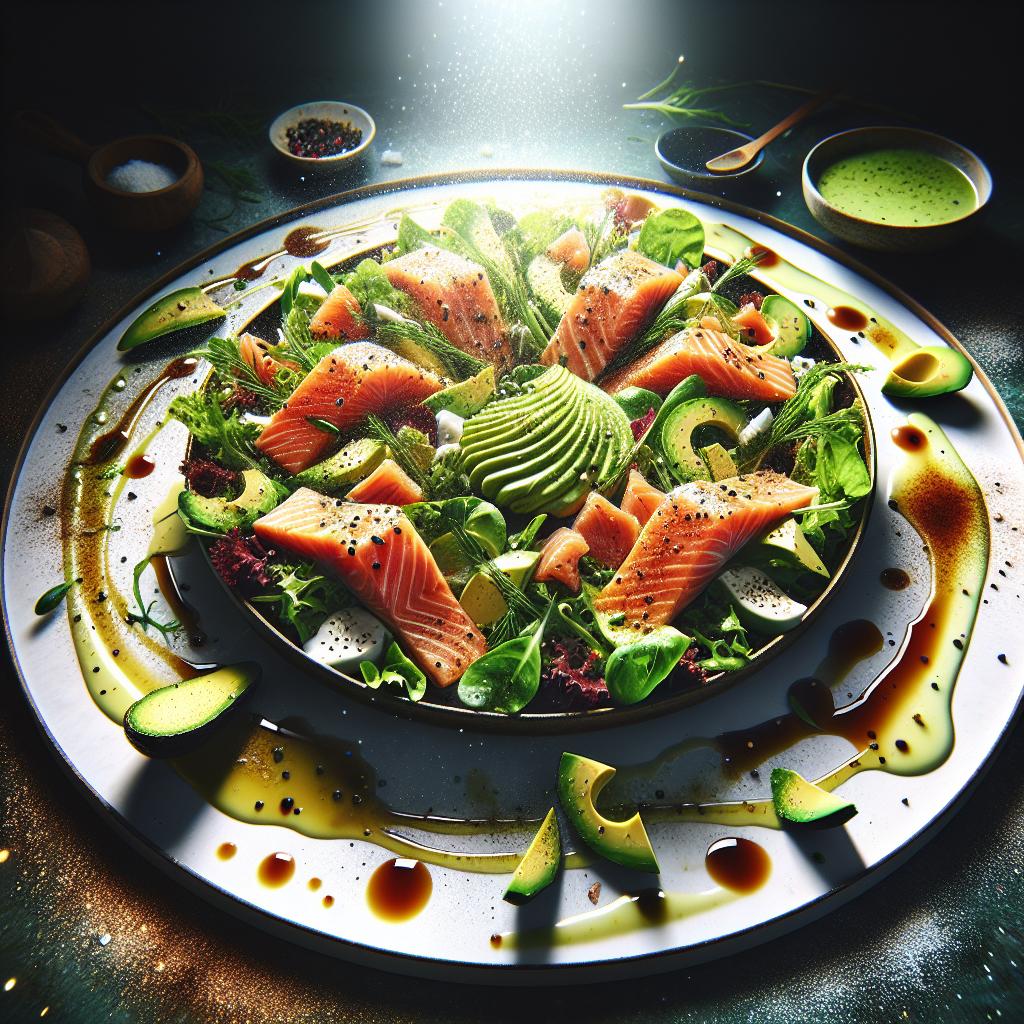 salmon and avocado salad with wasabi dressing