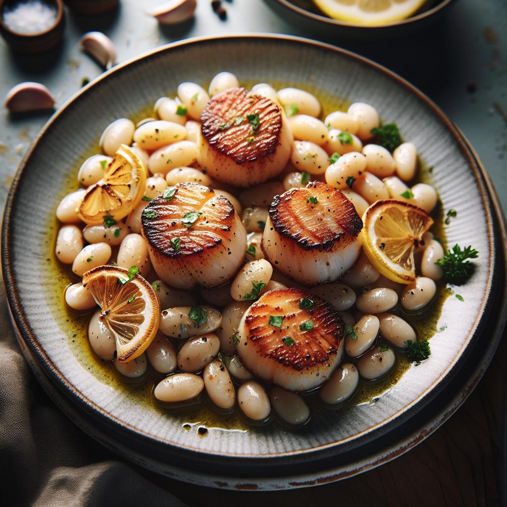 seared scallops with white beans