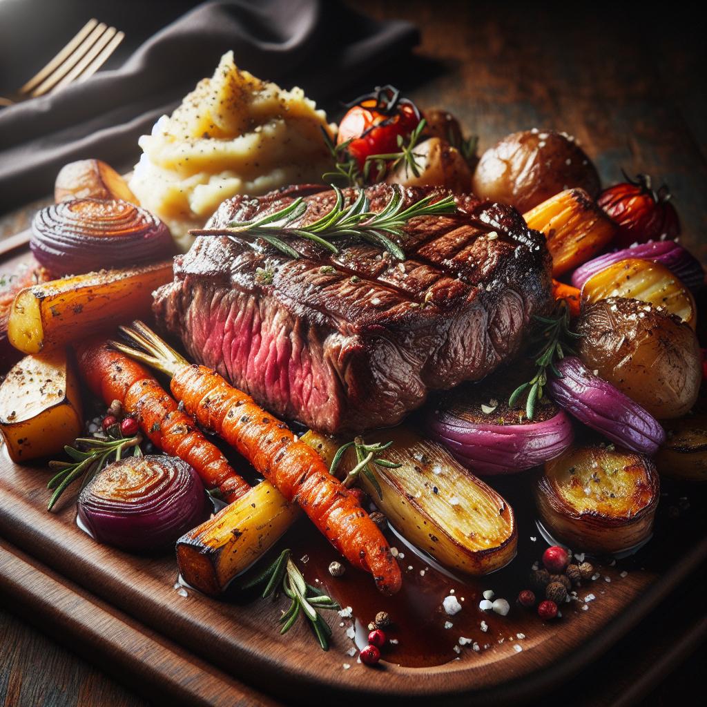 sirloin steak with roasted root vegetables and smashed red potatoes