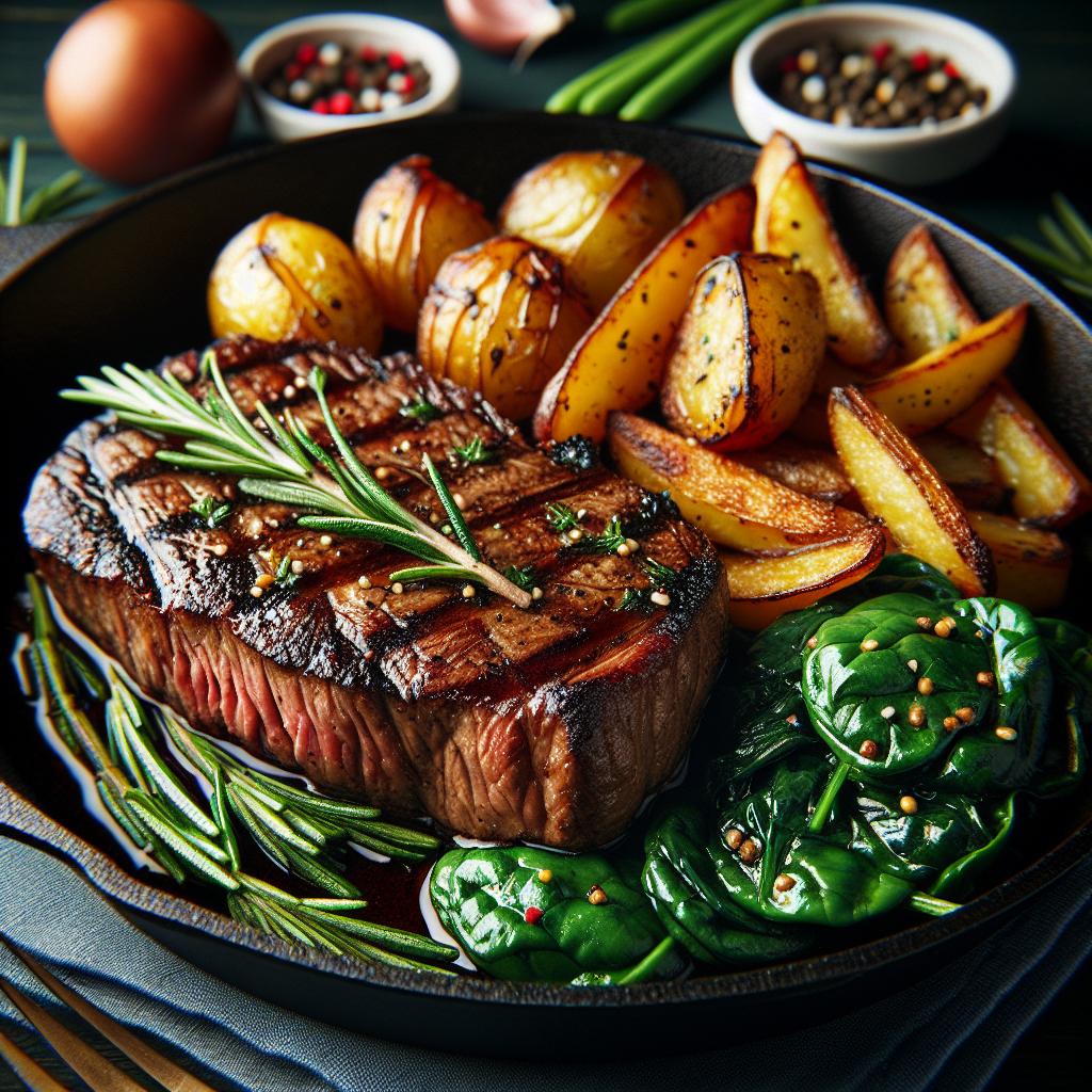 skillet strip steak with roasted rosemary potatoes and sautéed spinach