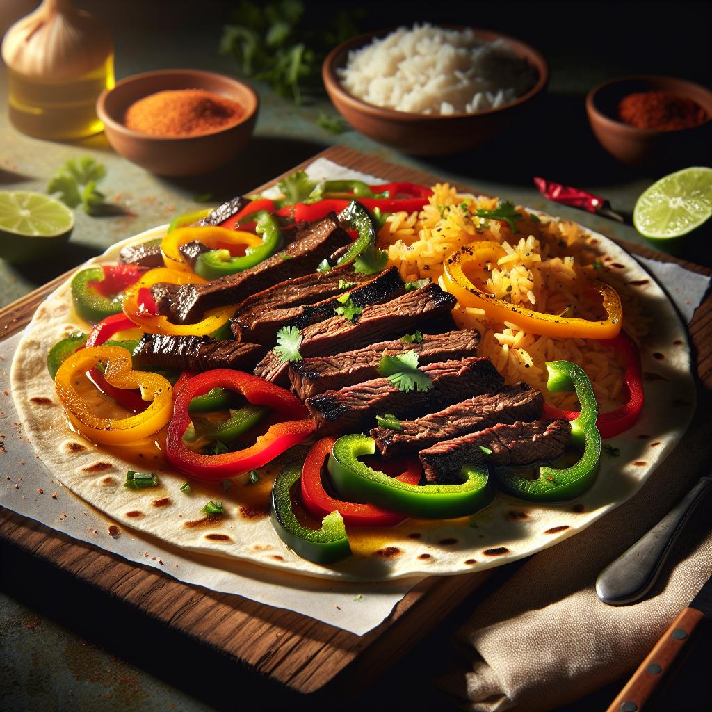 skirt steak fajitas with cilantro lime rice and grilled peppers