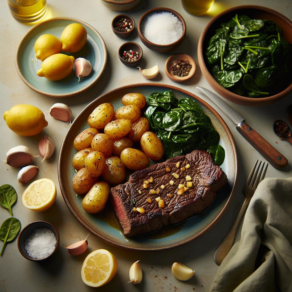 skirt steak with garlic butter potatoes and sautéed spinach