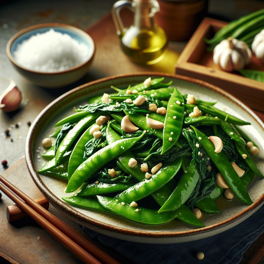 snow pea leaves with garlic