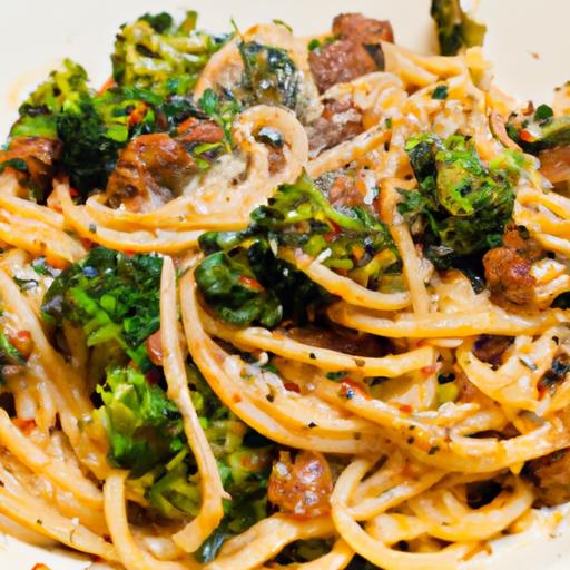 spaghetti con salsiccia e rapini