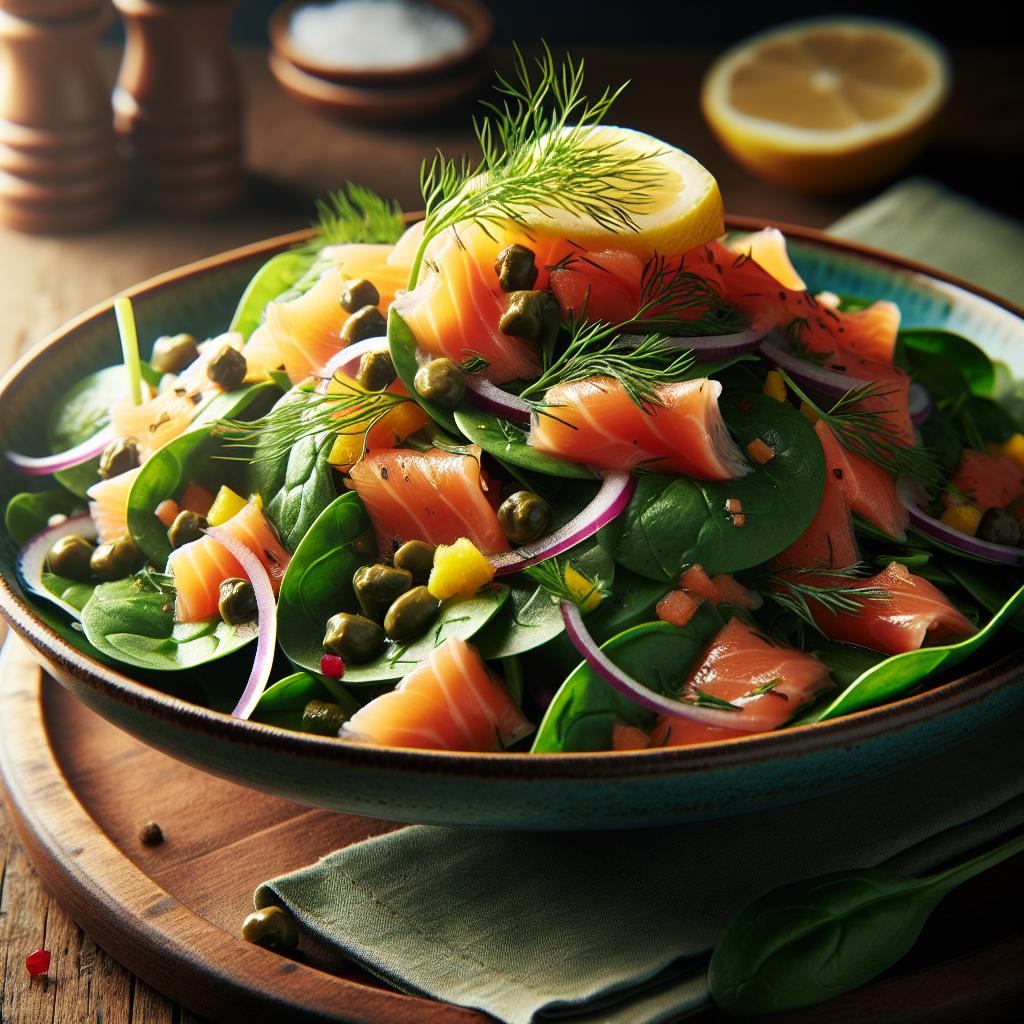 spinach and smoked salmon salad with lemon dill dressing