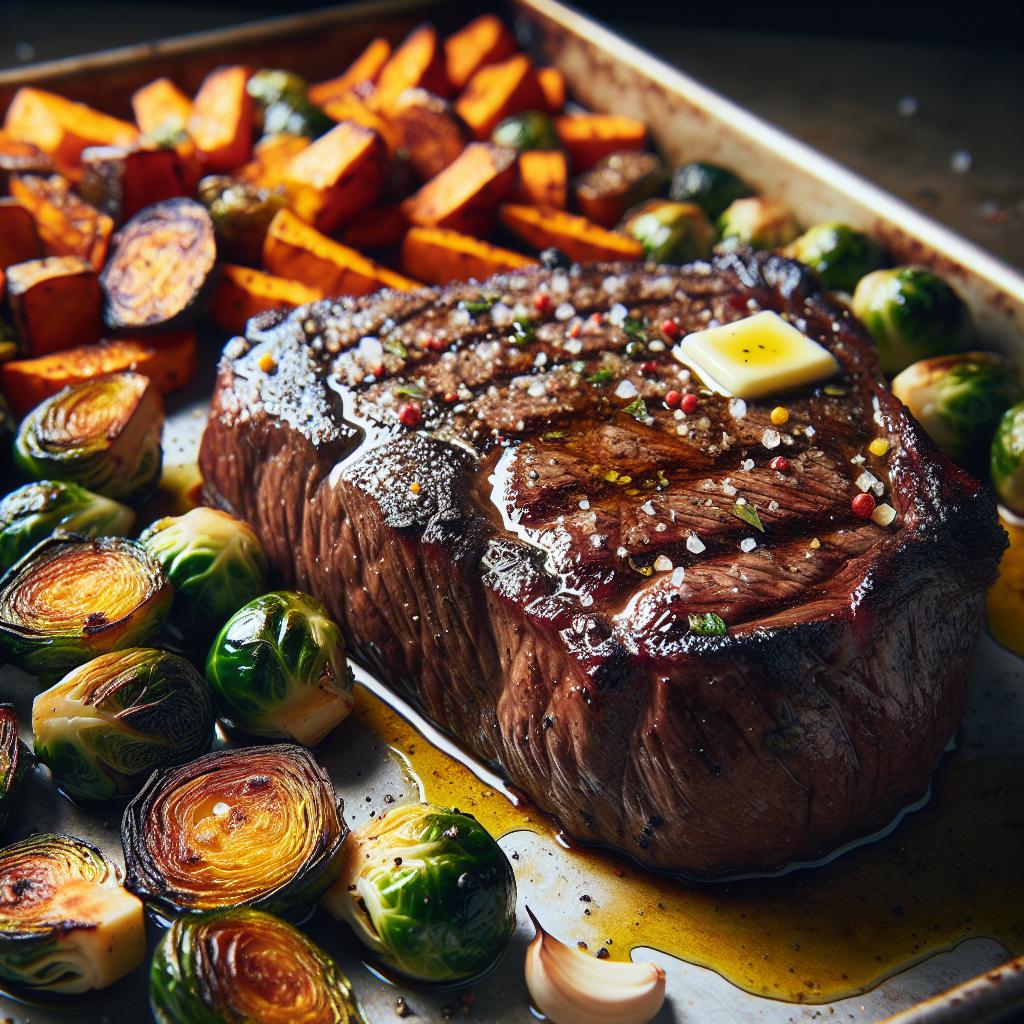 steak with roasted garlic brussels sprouts and sweet potatoes