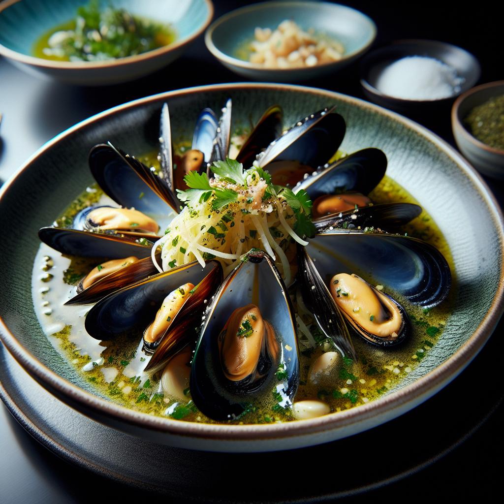 steamed mussels in garlic wine broth