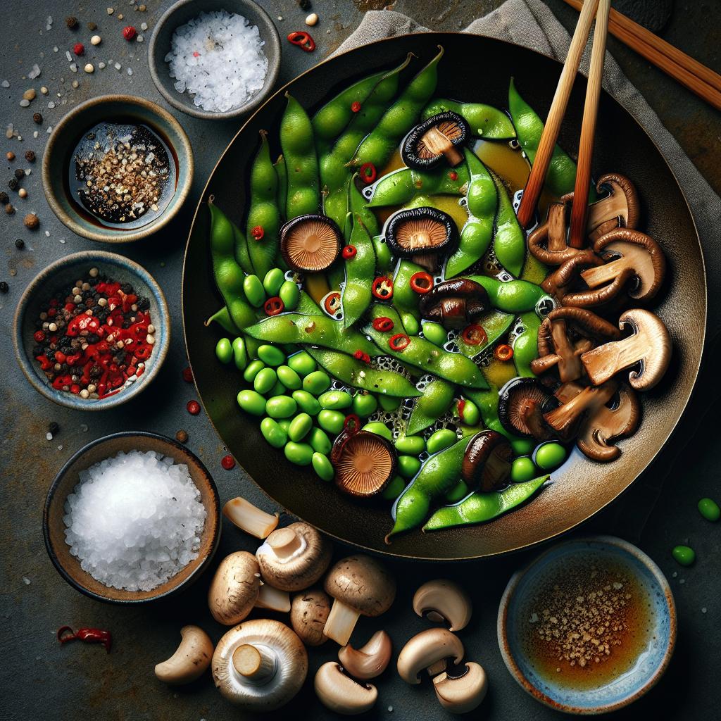 stir fried edamame with shiitake mushrooms