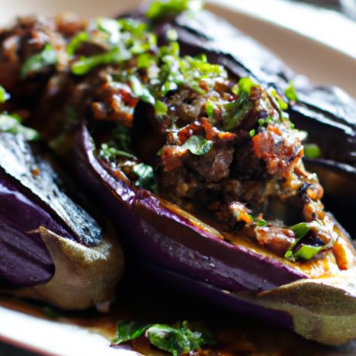 stuffed eggplant with lamb and pine nuts