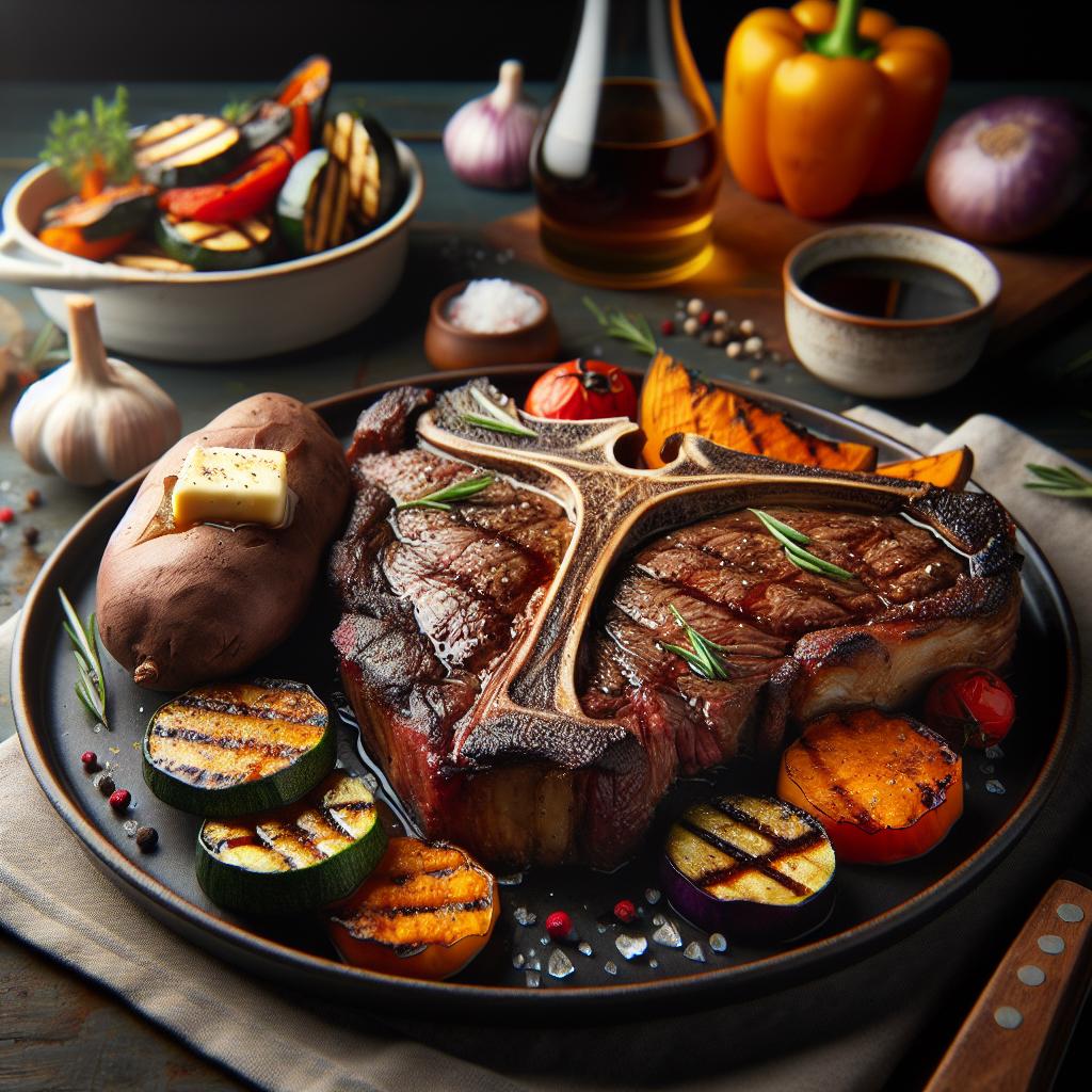 t bone steak with grilled vegetables and baked sweet potato