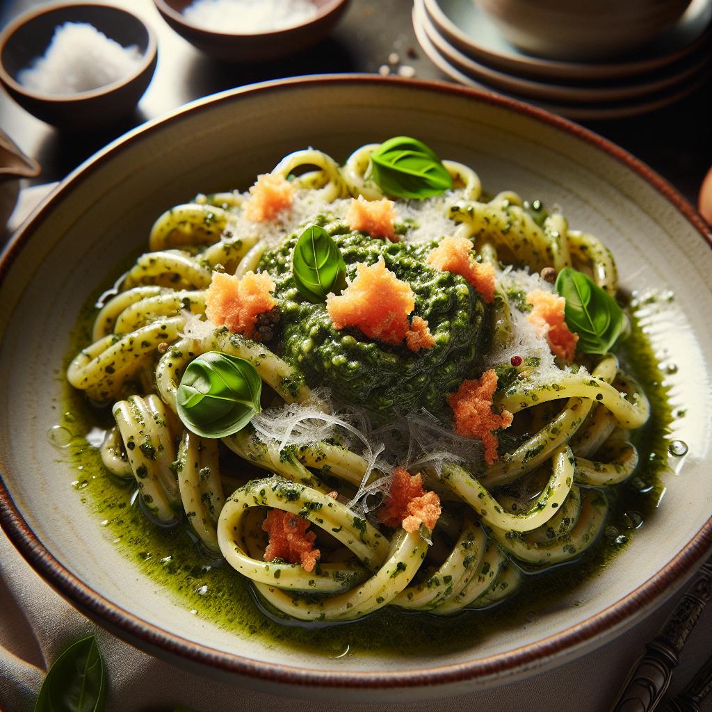 tonnarelli con bottarga e pesto