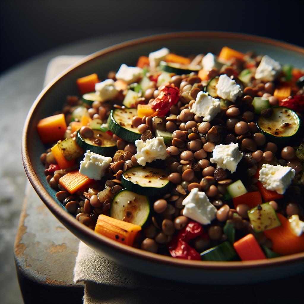 warm lentil salad with roasted vegetables and goat cheese